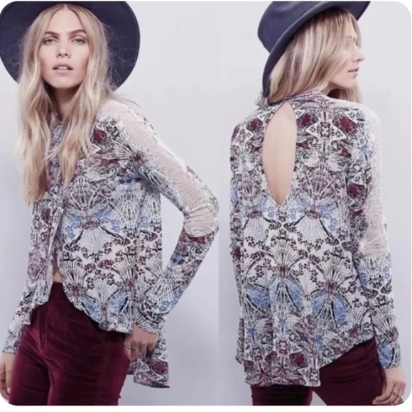 EUC Free People Nouveau Long Lace Top Sleeve Tulip Front Floral Size Medium - Picture 1 of 12